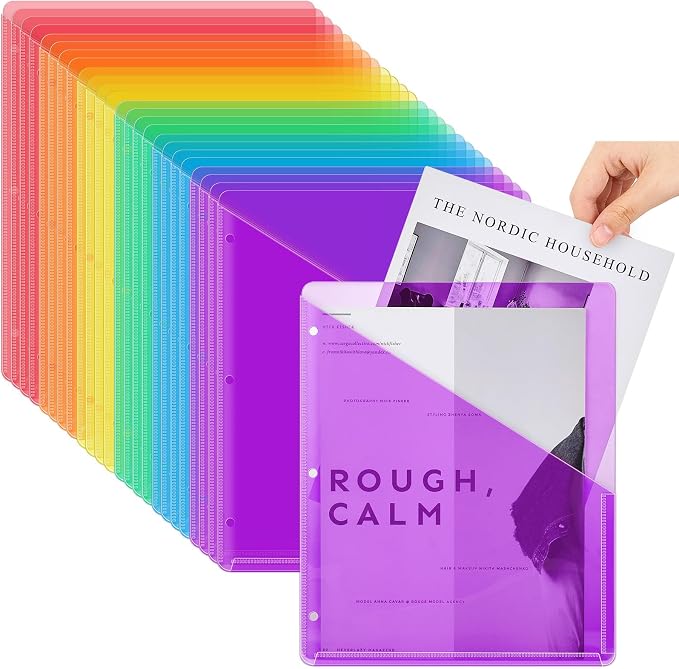 Seajan 24 Pcs Binder Pocket Folders, Clear 3 Ring Binder, Multicolor | Plastic Folders Sleeves with 2 Pockets, Poly Slash File Jackets, 3 Hole Punched Dividers for School, Office, Documents by Seajan