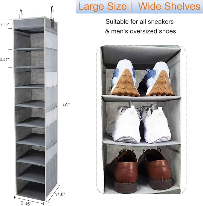Large-Sized Hanging Shoe Organizer 10-Shelf, Sturdy Hanging Closet Organizer with 8 Side Pockets, Wider Hanging Shelves for Storage Shoes Clothes Jeans Shirts Toys, Grey - Image 2