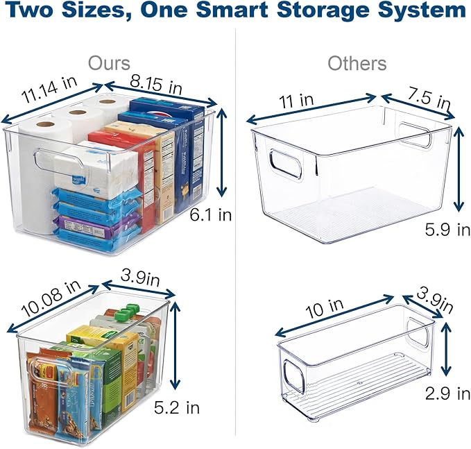 MOONEDGE 8 Pack Clear Plastic Storage Organizer Bins, 4 Large & 4 Narrow | Pantry Organizers and Storage, Clear Bins for Organizing, Narrow Storage Bins, Fruit Storage Containers for Fridge, Kitchen - Image 4
