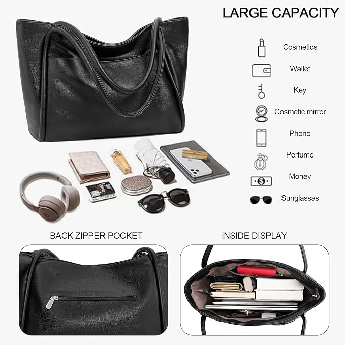 GAEKEAO Tote Bag for Women Vegan Leather Zipper Shoulder Bags Travel Purses | Large Capacity Purse Handbags, Inner Pocket with Key Clip, Fits 14" Laptop, for Casual Work Dating Commute Daily Weekender - Image 3