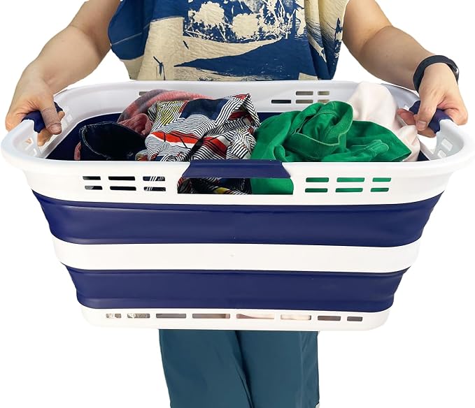 SAMMART Set of 2 Collapsible Plastic Storage Basket - Foldable Pop Up Storage Container - Portable Laundry Organizer - Space Saving Hamper (White/Starry Blue, 42L (Style A)) - Image 6