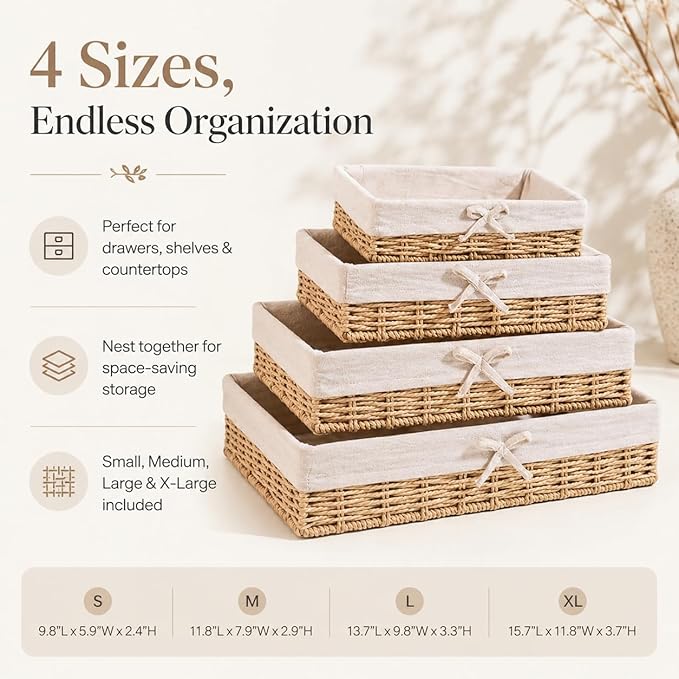 Baskets for Shelves Set of 4, Woven Paper Rope Storage, Khaki | Shallow Nesting Organizer Baskets with Removable Linen Liner, Pantry Bathroom Closet Cabinet Bookshelf storage, 9.8in-15.7in - Image 2