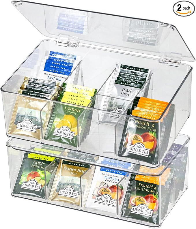 ZEXALOR Plastic Clear Storage Containers, Set of 2 Tea Bag Organizer Boxes 8 Compartments with Lids, Underwear Tie Drawer Organizer, Dresser Organizer (10.8×7×3.7") by ZEXALOR