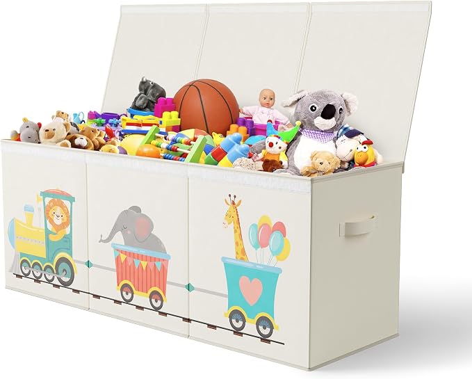 Extra Large Collapsible Sturdy Toy Storage Organizer with Lids, Animal Train Toy Box for Boys Girls, 40"x16"x16", Modern, Beige by Unknown