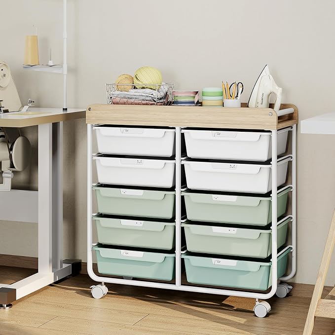 10 Drawer Rolling Storage Cart with Wood Top for Classroom Crafts Green | Easy Setup, Large Capacity, Sturdy Build, Lockable Mobility, For office, classroom and home supplies - Image 9