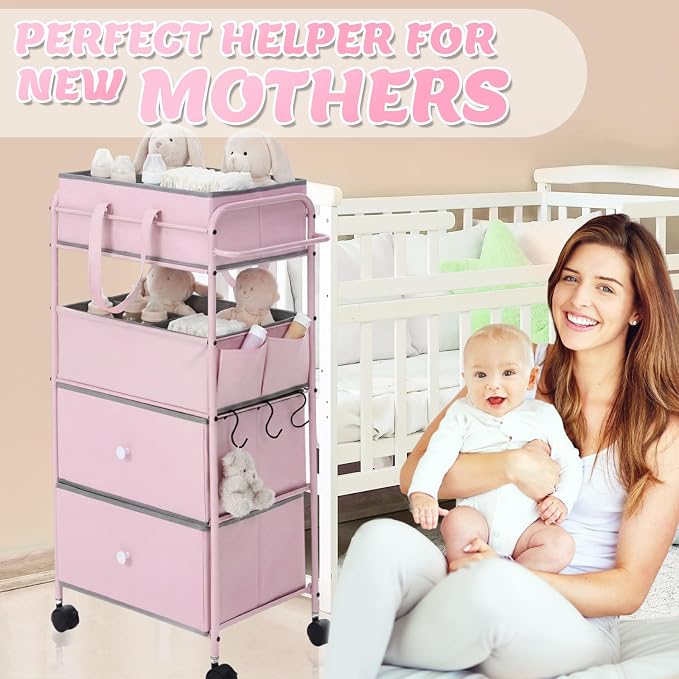 FoldTier 3In1 Baby Diaper Caddy Organizer Cart 4 Tier Large Capacity Metal Utility Bedside Rolling Cart with Divider Newborn Registry Nursery Essential Must Have Bedroom Gift Baby Shower(Pink) - Image 5