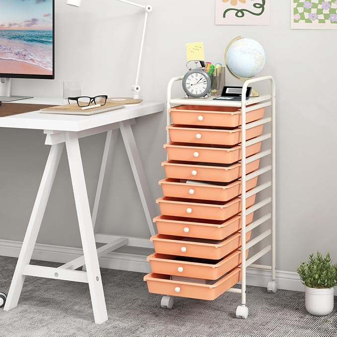 GOFLAME 10-Drawer Rolling Storage Drawer Cart, Utility Cart with Removable Drawers & Metal Frame, Mobile Art Craft Drawer Cart with Lockable Wheels for Home, Office, Studio, School, Peach Fuzz - Image 2
