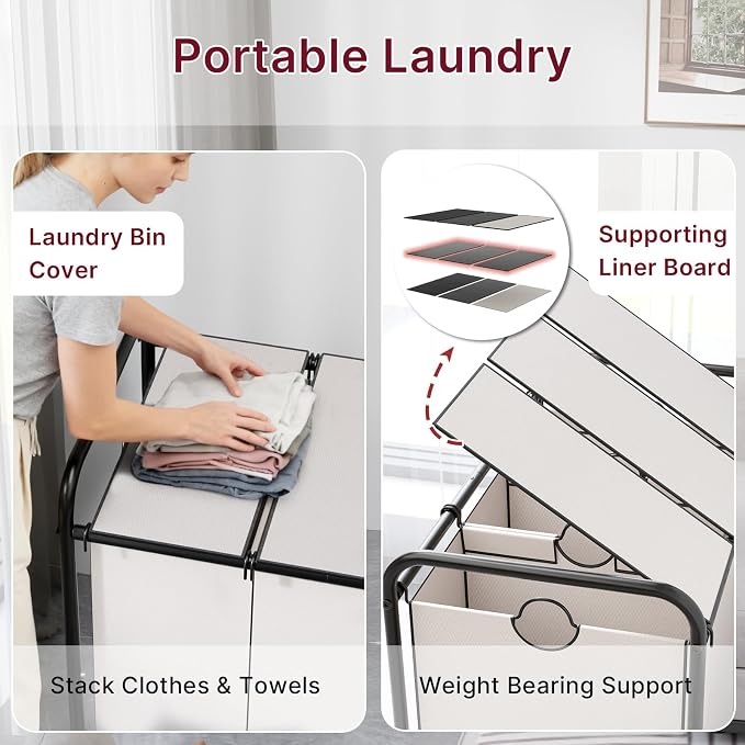 180L Laundry Sorter 3 Section with Lockable Wheels and Lid White | 3 Large Separate Removable Bags | Heavy Duty Rolling Laundry Basket | Laundry Hamper Cart for Laundry Room Organizer - Image 5