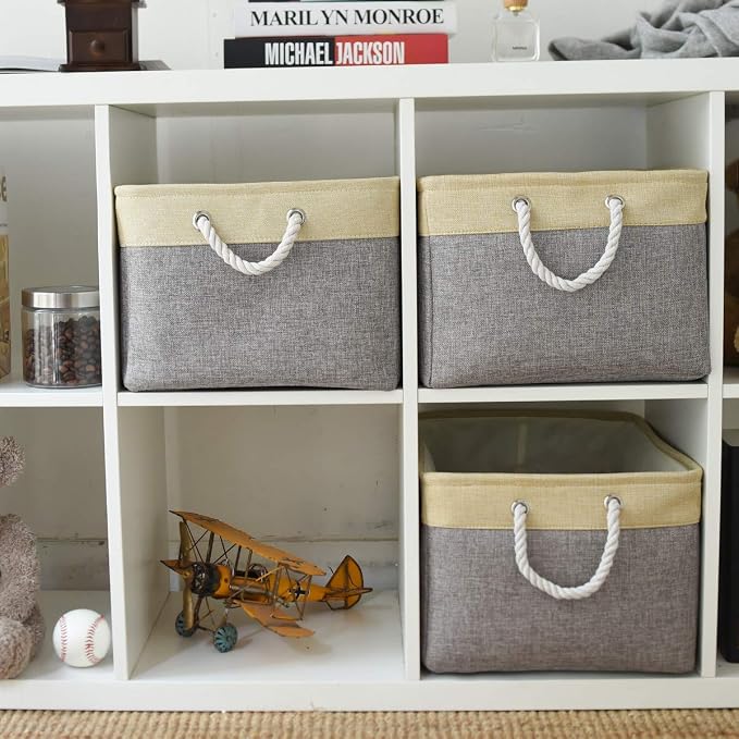 Storage Bins Baskets for Organizing - Extra Jumbo 3 Pack 20.5Lx15.7Wx13.8H Sturdy Fabric Storage Basket for Shelves, Decorative Foldable Closet Nursery Toy (Gold&Grey) - Image 3