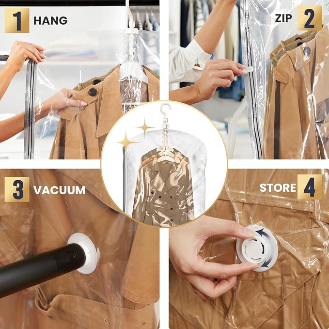 TAILI Hanging Vacuum Storage Bags Clothes, Coats, Jackets,4 Short | Vacuum Seal Bags for Clothing, Space Saver Winter Clothes Storage Closet Organizer Garment Storage - Image 5