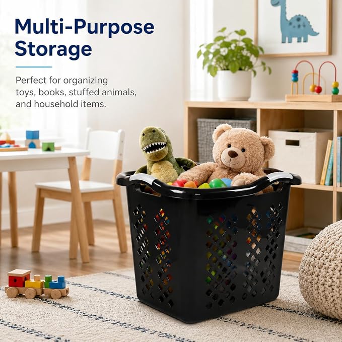 Laundry Basket 2 Pack 2 Bushel Plastic with Handles Black | Durable Plastic with Space-Saving Shape – Fits closets and on top of machines. Also organizes toys, balls, and sports gear. - Image 6