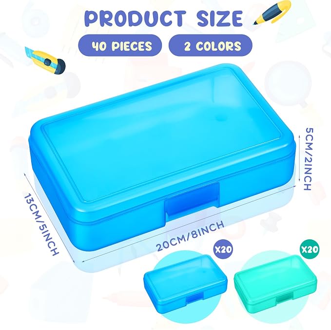 Zhehao 40 Pack Plastic Pencil Box Bulk, Hard Case for Kids,Blue, Green | Clear Lid Cases for School Supplies, 3 Compartment Organizer, Hard Plastic Utility Holder with Pens Brushes, Classroom Use - Image 2