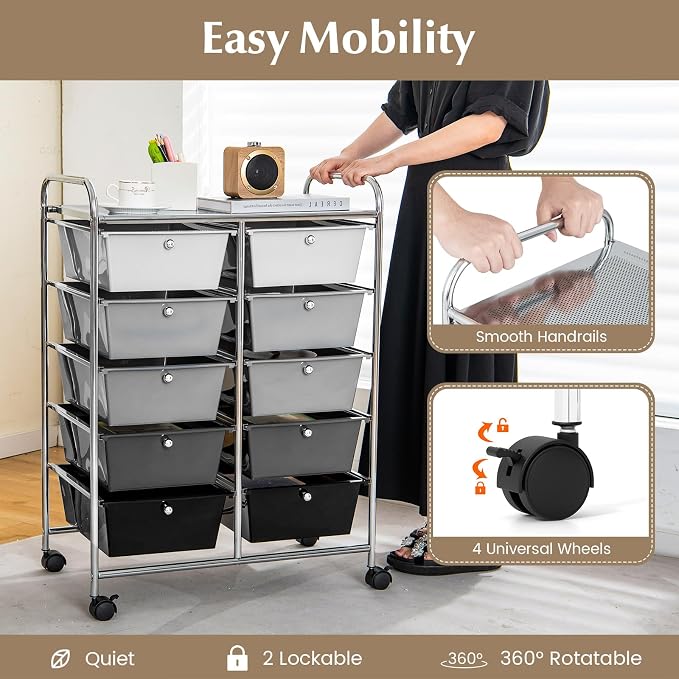 RELAX4LIFE Rolling Storage Cart with 10 Drawers - Craft Storage Cart with Lockable Wheels,Utility Cart, Art Cart Organizer for Crafting Storage, Office, School Rolling Drawer Cart (Gradient Black) - Image 4