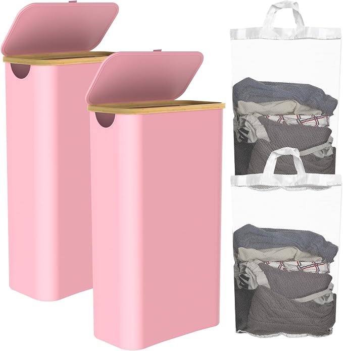 Slim Laundry Hamper with Lid, 60L Laundry Basket with Handles, Skinny Narrow Collapsible Dirty Clothes Hamper with Removable Laundry Bag for Bathroom Bedroom Dorm Clothes Toys Towels (Pink, 2 Pack) by Homiviv