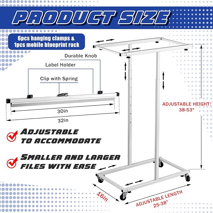 Kolldenn Mobile Blueprint Storage Rack Adjustable Holder with 6 Pcs Blueprint Clamps 4 Wheels Storage Organizer Stand for File Display Plan Office Home(30 Inch) - Image 2