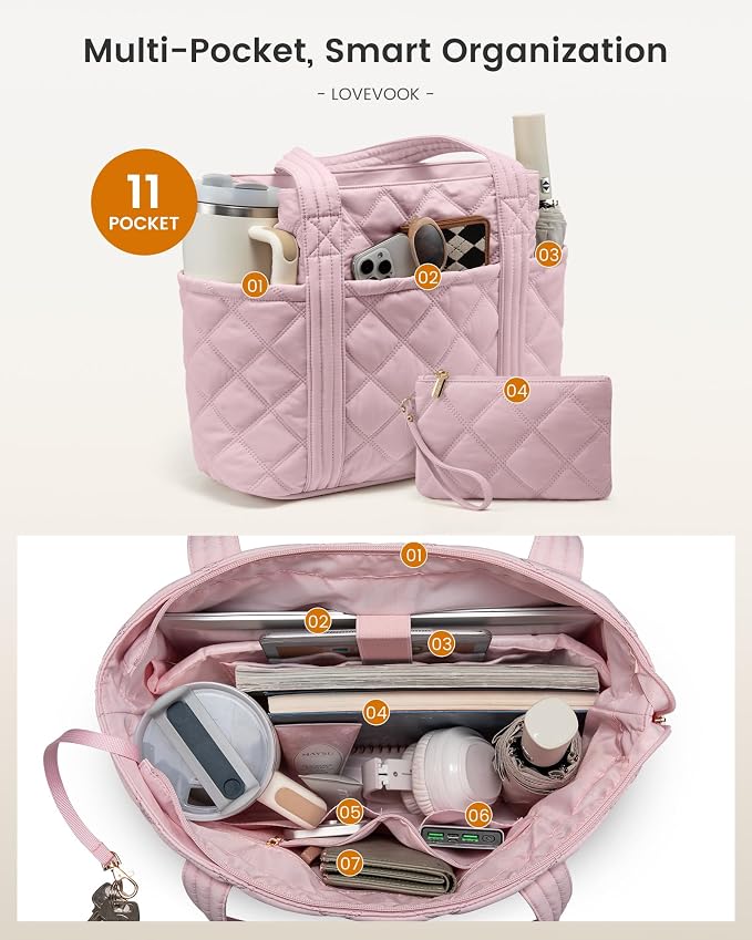 LOVEVOOK Puffer Tote Bag for Women, Puffy Work Handbag with Cup Holder, Travel Carry On Bag with Zipper for Teacher Nurse Gym - Image 4