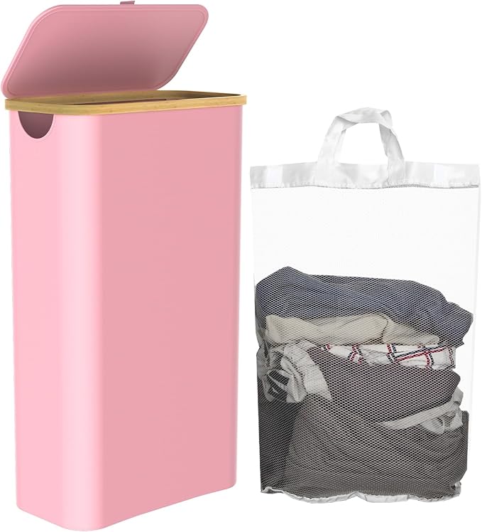 Slim Laundry Hamper with Lid, 60L Laundry Basket with Handles, Skinny Narrow Collapsible Dirty Clothes Hamper with Removable Laundry Bag for Bathroom Bedroom Dorm Clothes Toys Towels (Pink, 60L) by Homiviv