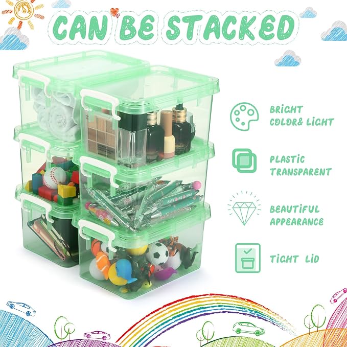 6 Pack Colorful Plastic Storage Bins with Lids 4 Quart Small Storage Latch Box Stackable and Nestable Clear Organizer Bins with Latching Handle and Buckle for Organizing(Green) - Image 4