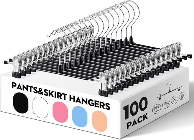 HUADYMEET 12 Inch Heavy Duty Pants Skirt Hangers with Clips,Black,100 Pack | Metal,Space Saving,Adjustable,Hanger for Jeans Shorts Clothes Slacks Trousers,For Adult Men Women Children, Non Slip by HUADYMEET