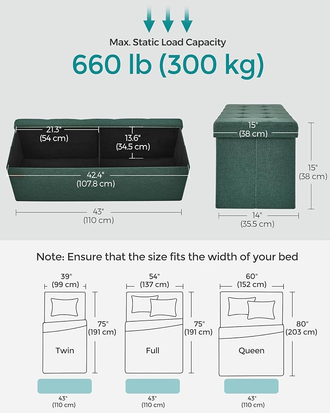 SONGMICS 43.3 Inches Folding Storage Ottoman Bench, Load 660 lb | Ottoman Foot Rest, Storage Chest, for Living Room, Entryway, Forest Green and Ink Black, MINOTA Collection ULSF077C01 - Image 3