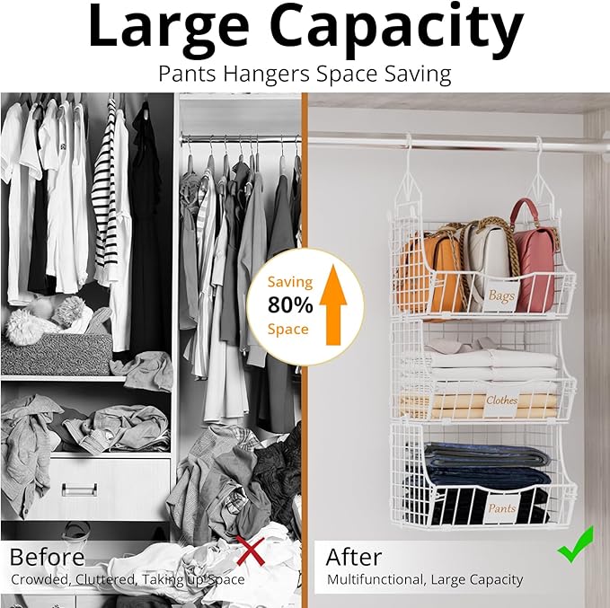 Hanging Closet Organizers and Storage, 6 Tier Closet Shelf Clothes Organizer with 2 S-Hooks, Multi-Functional Iron Wire Baskets, for Clothing, Sweaters, Handbags, Hat, Canned - Image 5