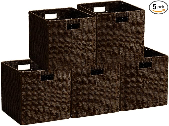 5Pcs Woven Shelf Baskets, 10.5'' Paper Rope Handmade Open Storage Bins, Dark Brown Pantry Baskets Organization Basket Foldable Storage Bins for Bedroom, Cubby Cubes Wicker Basket with Handles by WENFOME