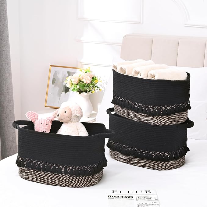 3 Pack Storage Basket for Shelves, Boho Cotton Rope Storage Bins with Heavy Tassel, Shelf Baskets Large Woven Baskets for Organizing, Cube Organizer Bins, Baby Laundry Basket for Clothes, Toys, Pets - Image 2