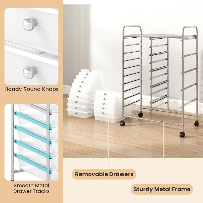 DREAMADE 15-Drawer Rolling Storage Cart, Mobile Craft Cart, Clear | Utility Organizer with Lockable Wheels, Removable Plastic Drawers and Metal Frame for Home Office, Classroom and Studio - Image 6