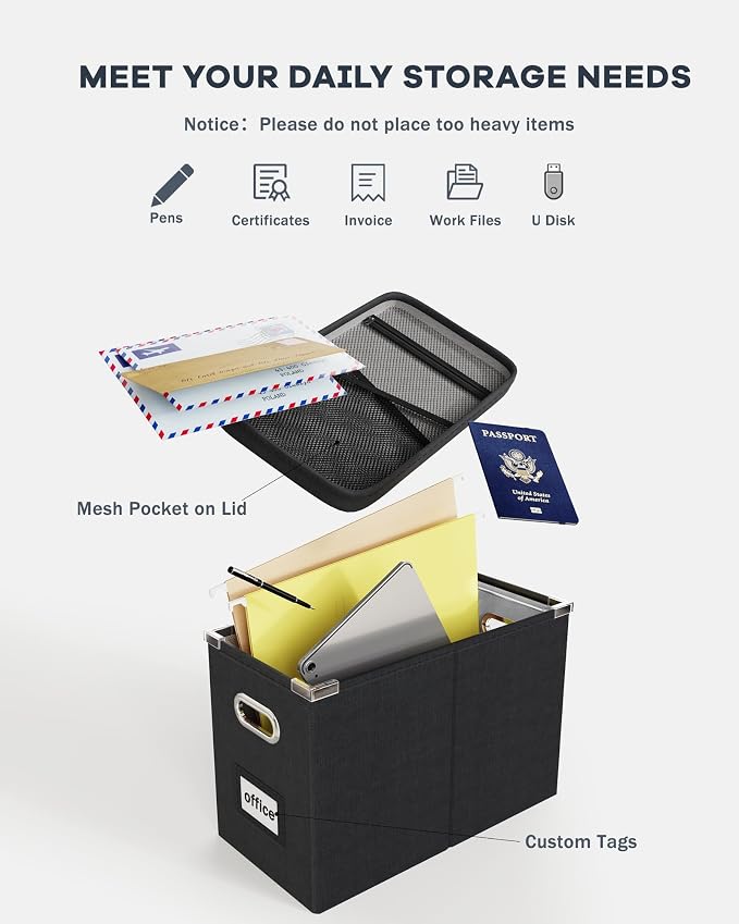 File Organizer Box with Lid, Hanging Filing File Box with Mesh Pocket, Document Organizer Box for Letter Files, Portable Storage Box with Smooth Sliding Rail for Office&Home (2 PCS, Black) - Image 4