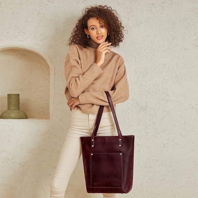 S-ZONE Leather Tote Bag for Women Work Handbag with Luggage Sleeve | Top Grain Genuine Leather, Padded Laptop Compartment, Multi Pockets, Large Retro Purse, Travel Everyday - Image 2