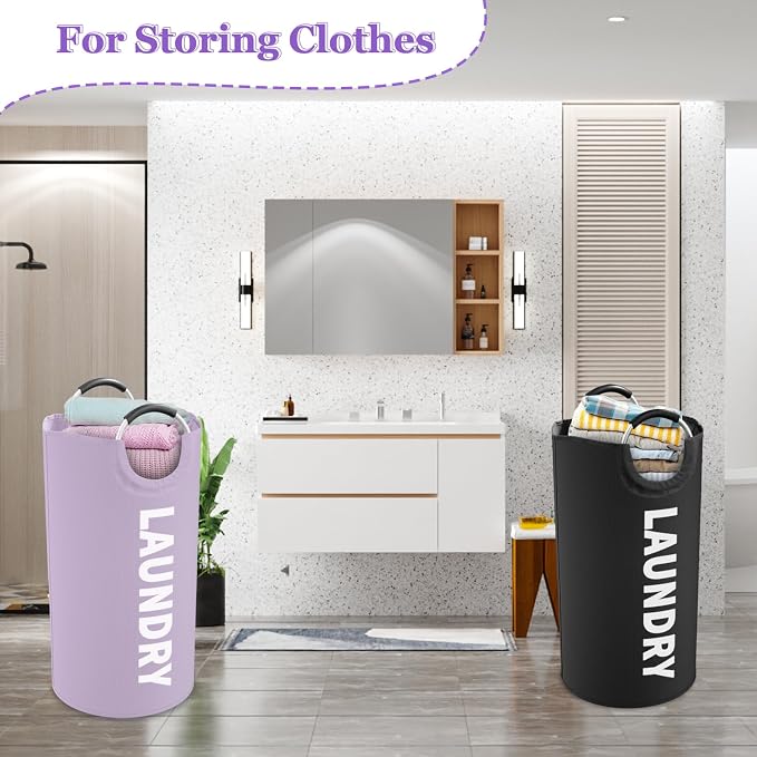 95L Foldable Laundry Basket, Large Clothes Hamper with Handle for Family | IHOMAGIC 2PCS Freestanding Dirty Clothes Hamper, Laundry Bin,Portable Storage Basket For Apartment, Hotel, Dorm, Black+Purple - Image 7