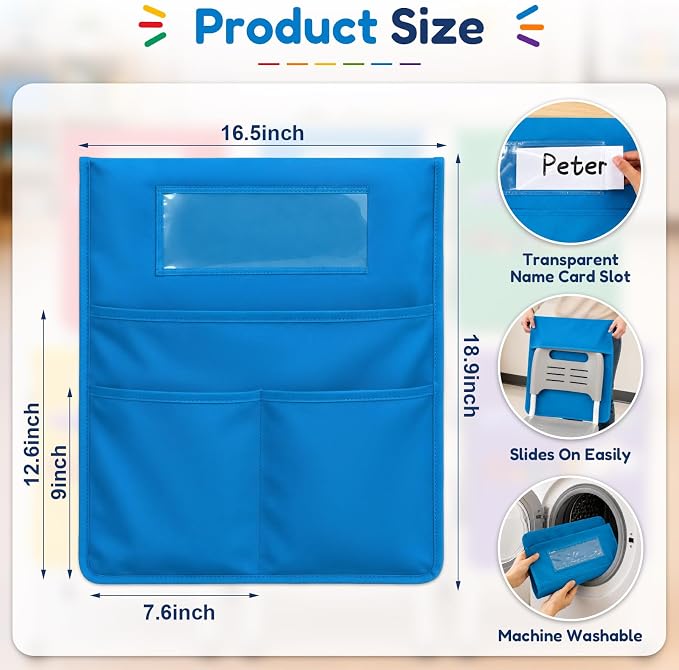 LACCHOUFEE Chair Pockets for Classrooms, 16" X 19" Seat Pockets for Classroom Chairs K-2, 12 Pack Chair Bags Organizer with Name Tag for Student Classroom Chair Back Storage in School, Multicolor - Image 3