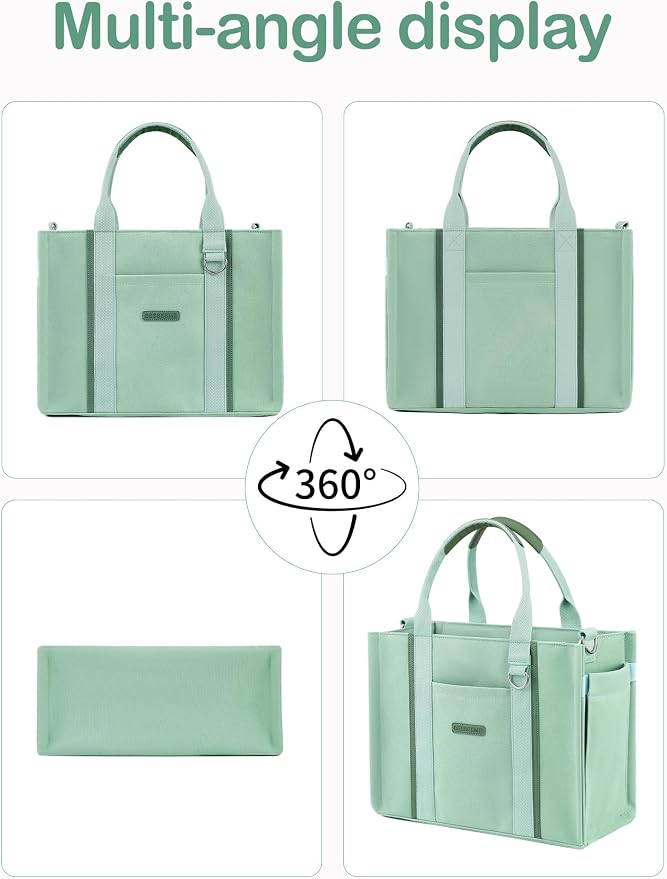 BESBESME Women’s Canvas Tote Bag with Zipper and Compartments – Multi-Pocket Laptop Work Crossbody Shoulder Tote Purse - Image 6