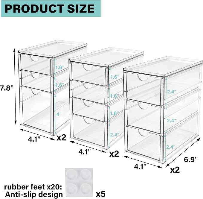 Prsildan Stackable Desk Organizers with 20 Drawers, Craft Storage Drawer | Anti-slip Clear Acrylic Teacher Toolbox, Makeup Vanity Organizer for Nail, Bathroom Kitchen Office Organization, 6 Pack - Image 3