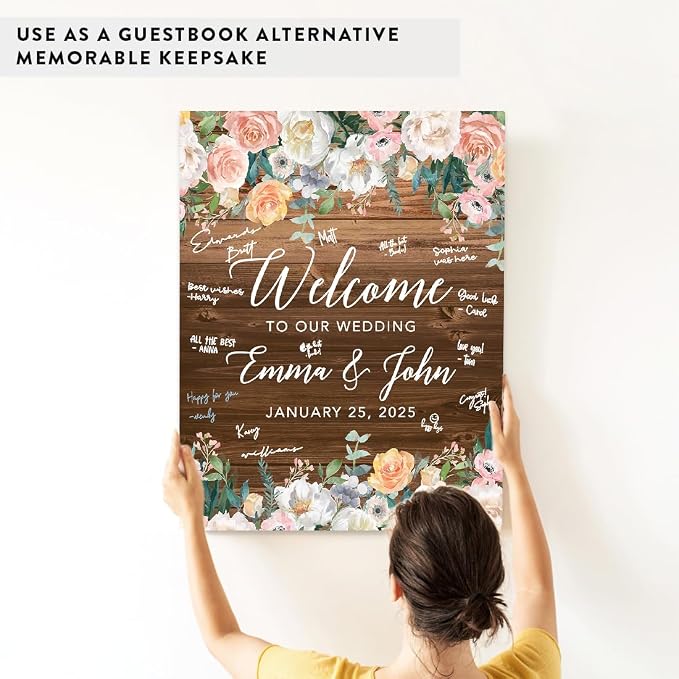 Andaz Press Custom Large Canvas Wedding Guest Book Alternative, 16 x 20 Inches, Rustic Wood Florals Vertical Personalized Sign Our Canvas Guest Book Signs for Wedding Rustic Woodland Theme Events - Image 6