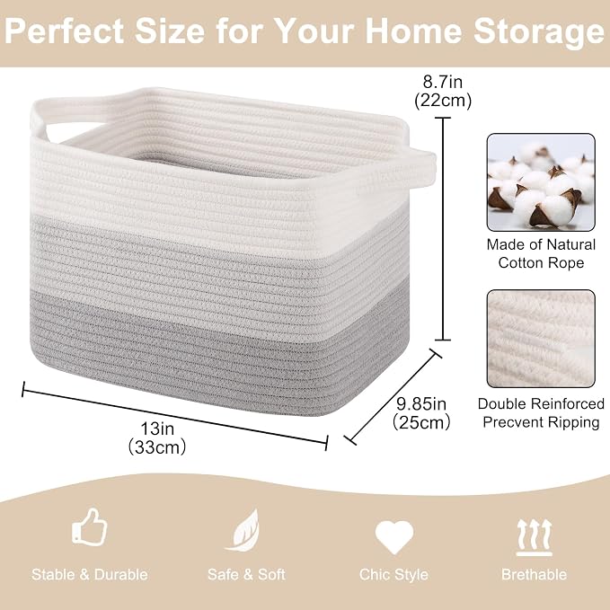 OIASKET Storage Baskets for Organizing, Woven Baskets for Shelves, Rectangle Decorative Organizer for Storage Clothes, Toy, Books, Towels Nursery Bins 3 Pack (Gradient Grey, 13"x9.85"x8.7") - Image 2