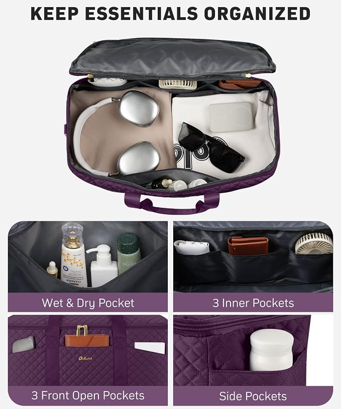 Duffle Bag for Travel, 40L Weekender Bag with Shoe Compartment, Carry On Overnight Bag for Women with Toiletry Bag Duffel Bags with Wet Pocket for Gym Hospital Bags for Labor and Delivery Dark Purple - Image 2