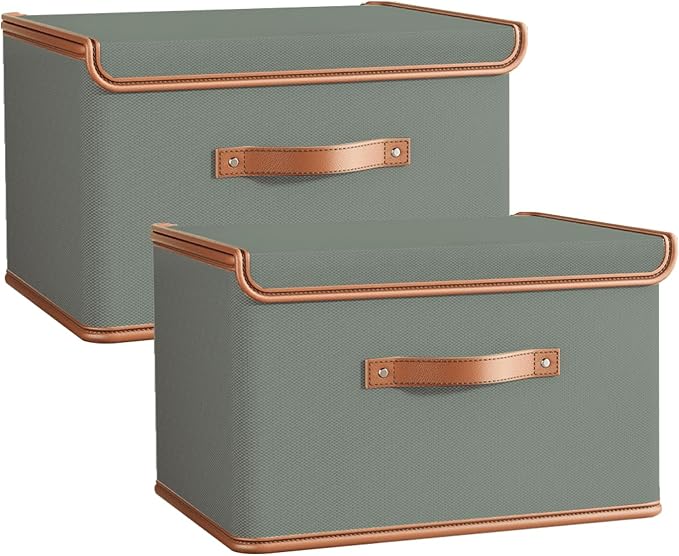 Tuza 2 Pack Storage Bins with Lids, Collapsible Closet Organizer Container, Fabric Organizer Box with Handles, Decorative Storage Boxes with Lids for Organizing Clothes, Blanket, Grey, Large by LOVEWHEREYOULIVE