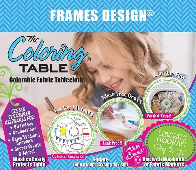 Frame Fun Design – Square Tablecloth 60”X60” – Interactive Coloring Tablecloth for Kids – Poly/Cotton Fabric - Washable and Reusable – DIY Coloring Activity for Children and Adults - Image 2