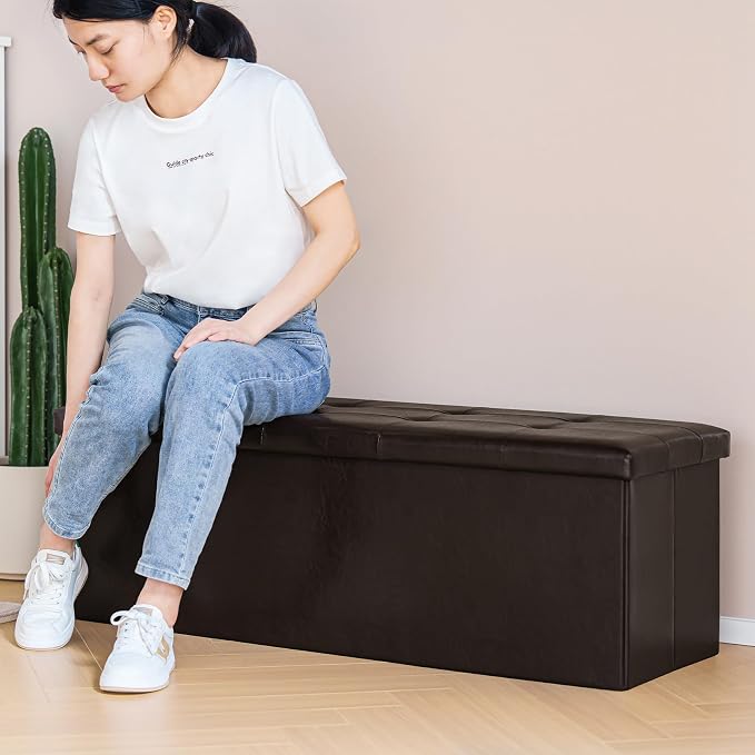PINPLUS Folding Storage Ottoman Bench, Brown Faux Leather Long Storage Chest Footstool Seat, Bench for Bedroom and Hallway, 43.3"x15.7"x15.7" - Image 5
