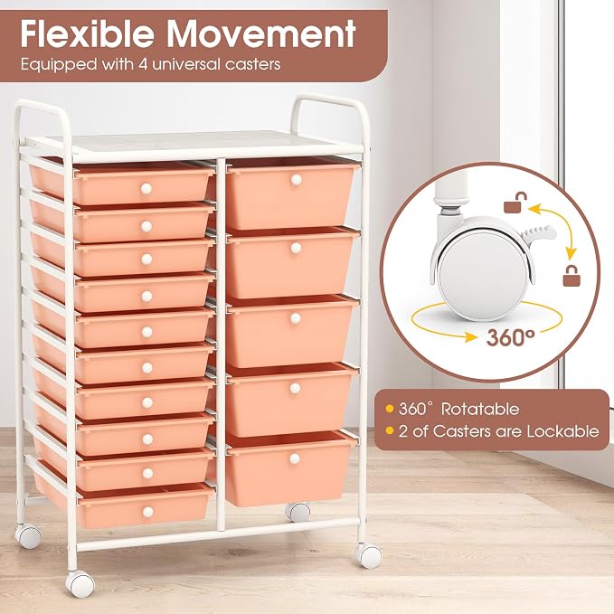 Moccha 15-Drawer Rolling Storage Cart - Under Desk Storage Drawers with wheels for Craft Art Supply Paper Salon, Scrapbook Paper Tools, Mobile Utility Cart for Classroom (15 Drawers, Peach) - Image 7