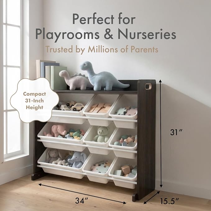 Humble Crew Kids Toy Organizer with Display Shelf, 9 Bins, 3 Tier Storage | Sturdy wood and steel toddler shelf, removable BPA-free containers, wall anchor anti-tip safety kit for bedroom or classroom - Image 2