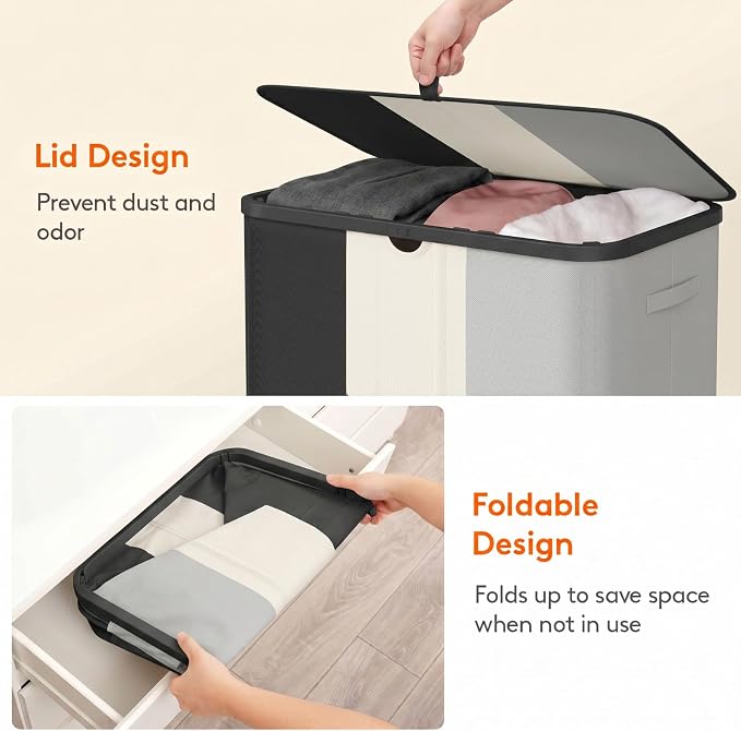 Lifewit 185L 3 Section Laundry Hamper with Lid, Black/Gray/White | Large Foldable Laundry Sorter with 3 Removable Bags, Tall Clothes Hamper for Bedroom and Bathroom - Image 7