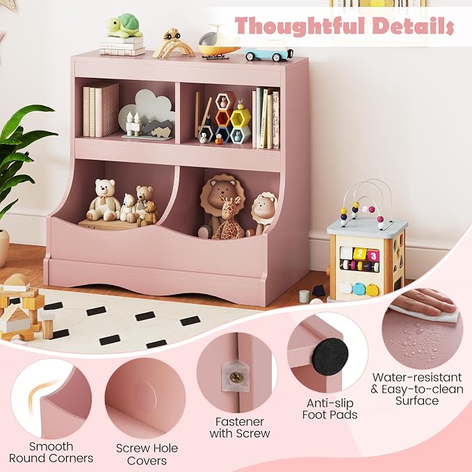 HONEY JOY Kids Toy Storage Organizer, 4-Cubby Wooden Bookcase Cabinet, 2-Tier Open Daycare Shelf for Preschool, Kids Display Bookshelf for Bedroom, Playroom, Classroom & Nursery (Pink) - Image 5