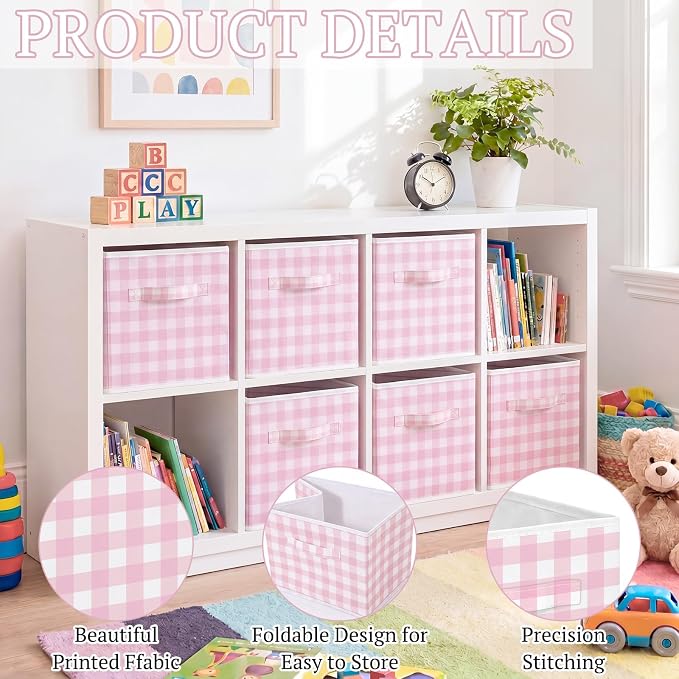 Yalikop 6 Pcs Pink Gingham Cube Storage Bins, 11 Inch Fabric Checkered Classroom Storage Bins Organizer with Handle Preppy Collapsible Cubby Basket for Classroom Home Nursery Playroom Bedroom - Image 3