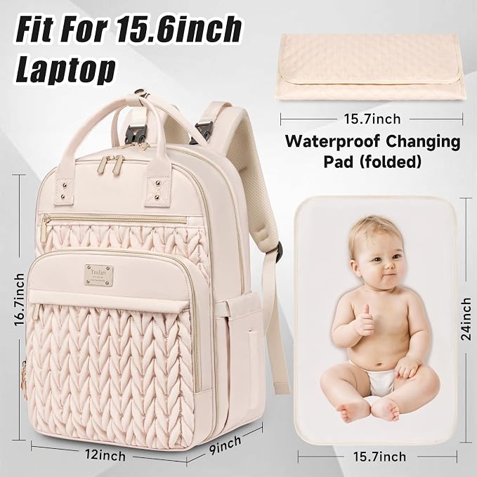 Tealari Diaper Bag Backpack,Stylish Baby Diaper Bag,Waterproof Travel Diaper Backpacks Baby Bags with Changing Pad,Stroller Straps,Insulated Pockets (Beige) - Image 2