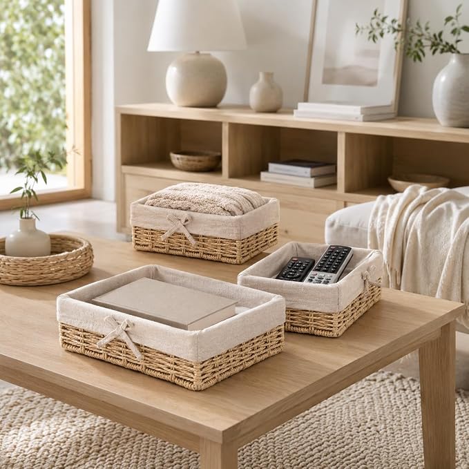 Baskets for Shelves Set of 4, Woven Paper Rope Storage, Khaki | Shallow Nesting Organizer Baskets with Removable Linen Liner, Pantry Bathroom Closet Cabinet Bookshelf storage, 9.8in-15.7in - Image 6