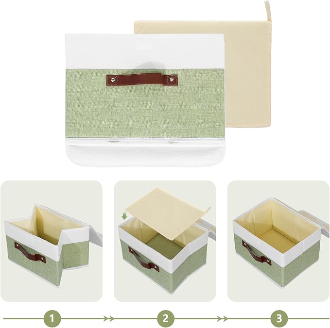 ANMINY Fabric Storage Box Bins with Lids, Green White, 15"x10"x10" | Keepsake Memory Storage, Cotton Linen, PP Board Reinforced, Washable, PU Handles, Foldable & Stackable, Decorative, Large - Image 4