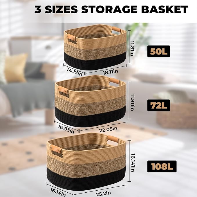 Large Woven Basket, 108L Large Blanket Basket for Living Room, Nursery, Cotton Woven Hamper for Toy Organizing & Laundry, 25’’*16’’*16’’ Gradient Linen - Image 6