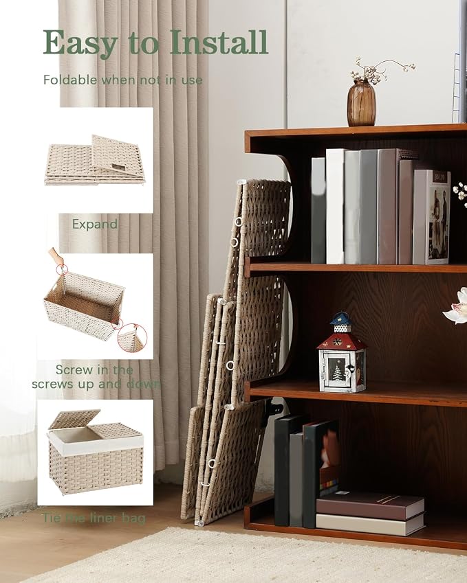 SETVSON Storage Basket with Lid 105L PE Rattan Storage Bin Light Khaki | 2 Removable Liners for Clothes & Blankets, 105L Storage Bin with 2 Separate Lids,Sturdy Metal Frame, PE Rattan - Image 6